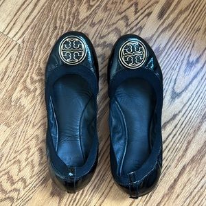 Tory Burch “Minnie” black flats. Patent with black and gold detailing. Size 9